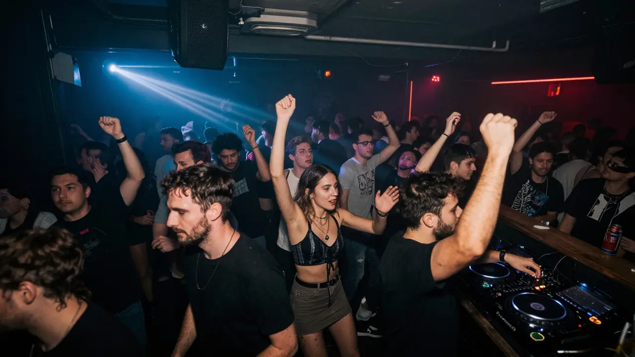 A crowded underground club at 4am with dancers lost in the rhythm under pulsing lights.
