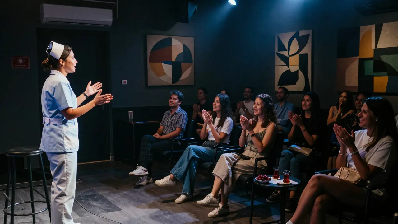 A Filipina storyteller on stage in an artsy venue, audience captivated by her true story under soft blue lighting.