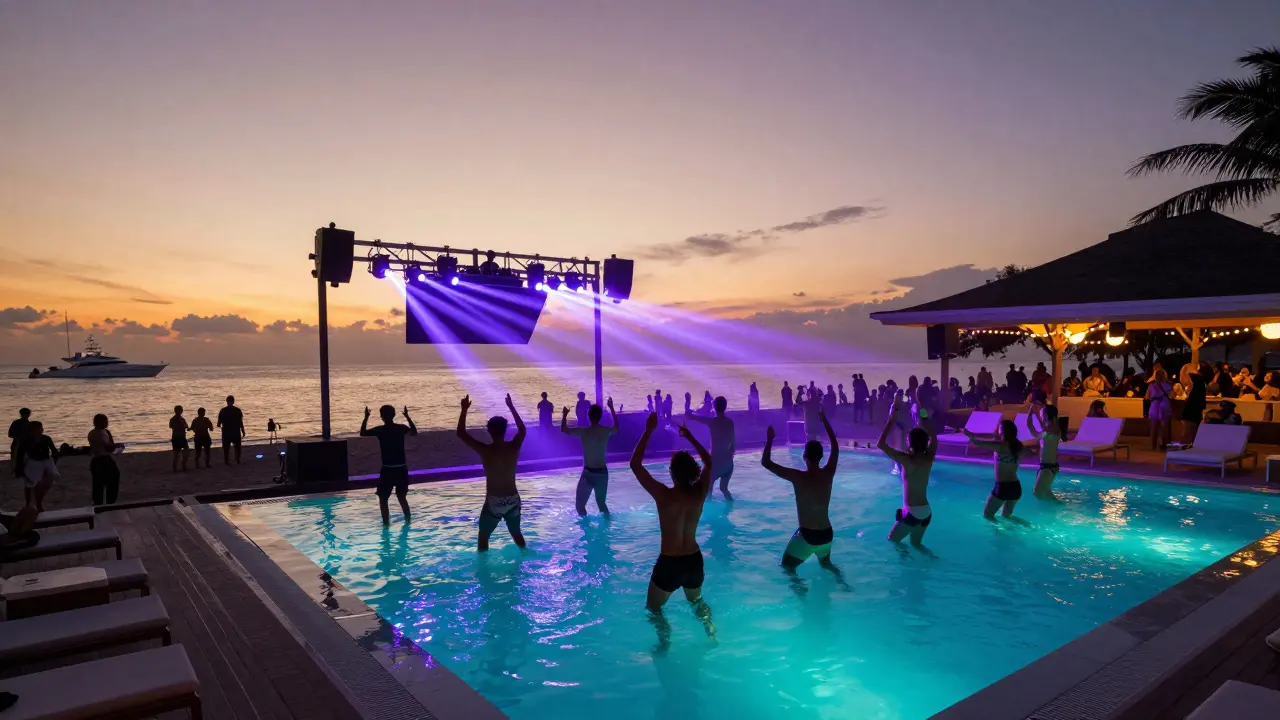 A glowing pool turned dance floor at Address Beach Club with a DJ booth above the water and energetic crowds moving to the beat.