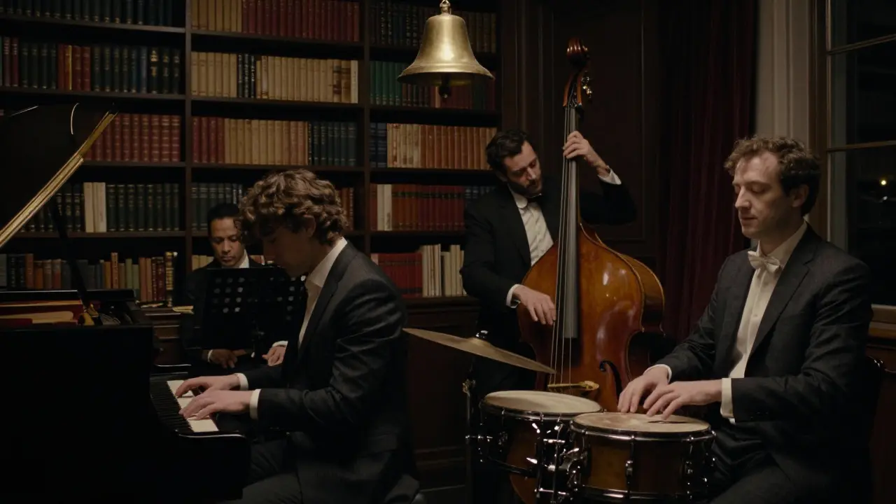 A hidden jazz club in Monaco features a live trio playing softly in moonlight, behind a bookshelf with no visible entrance.