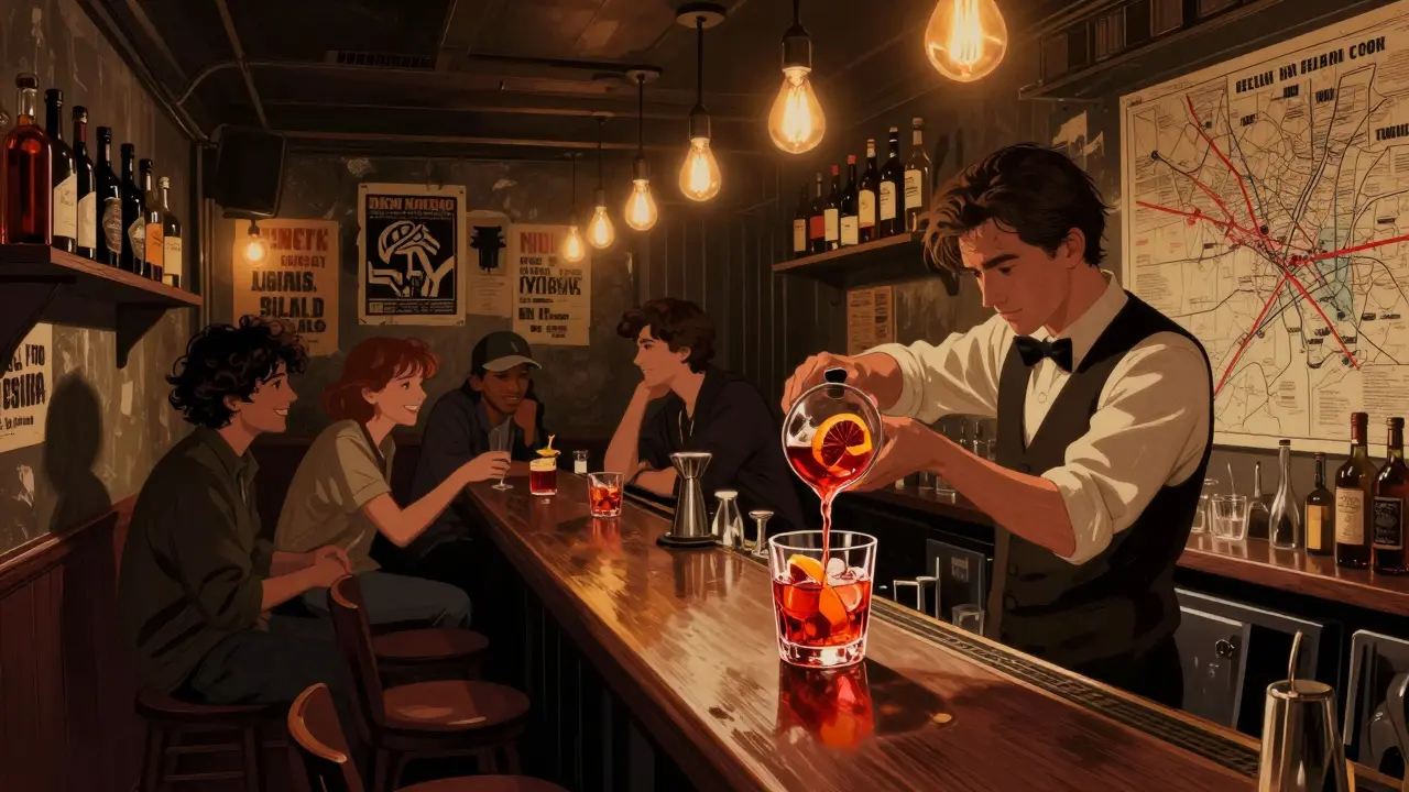 A hidden Shoreditch speakeasy with a bartender pouring a vibrant negroni.