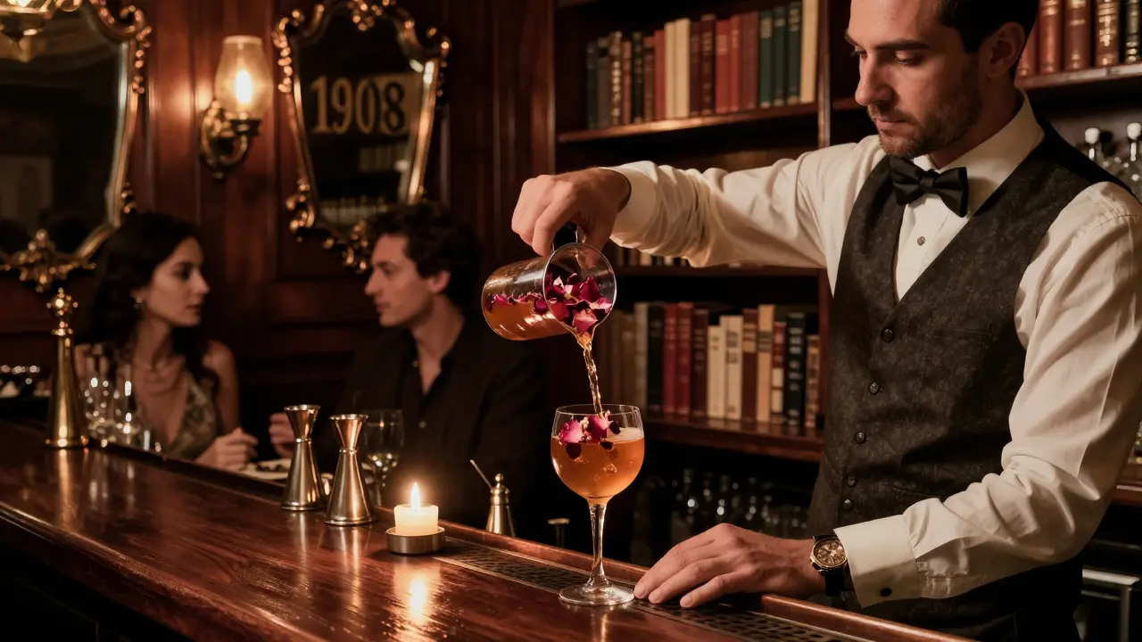A hidden speakeasy bar in Galata with a bartender pouring a cocktail, warm lighting and vintage decor, no signs or text visible.