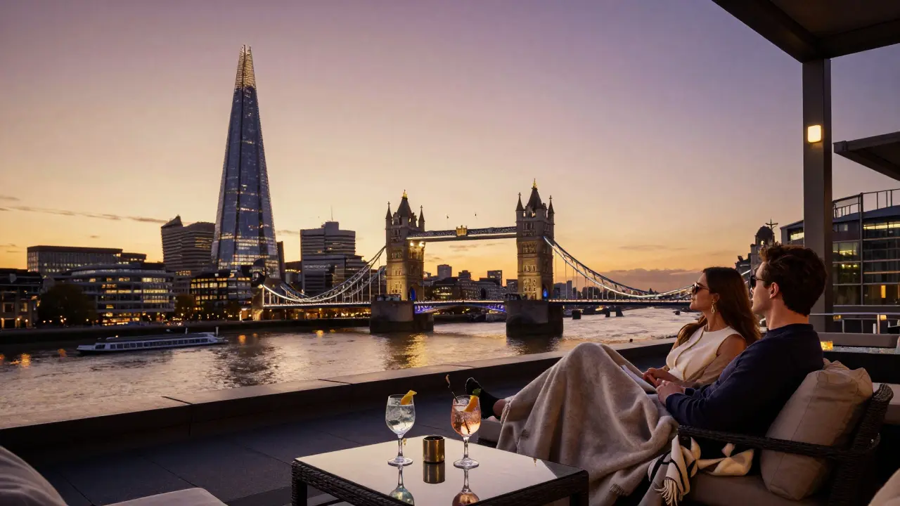 A luxurious rooftop bar at sunset with panoramic views of London's skyline and couples relaxing in cabanas.