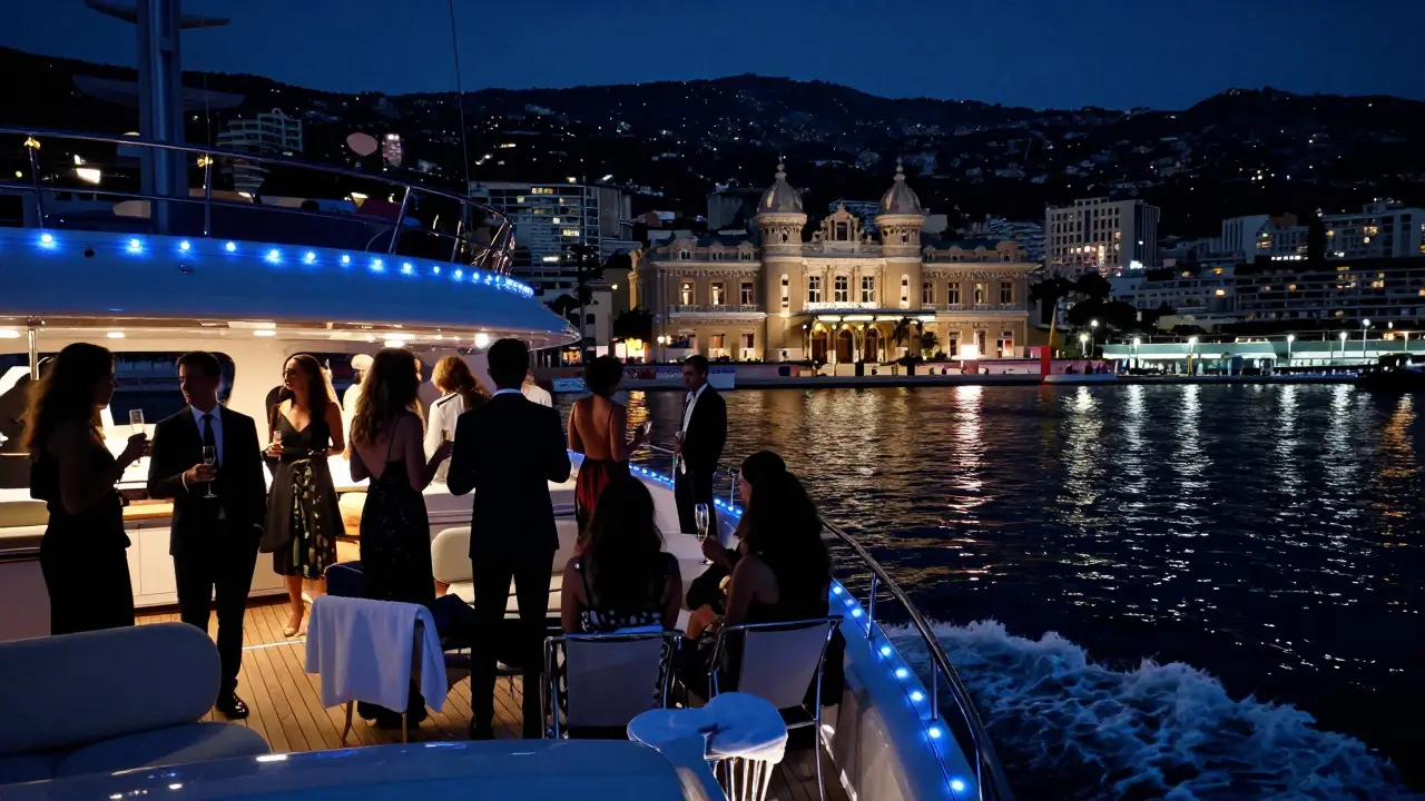A luxury yacht at night with lights reflecting on the sea near Monaco's harbor.