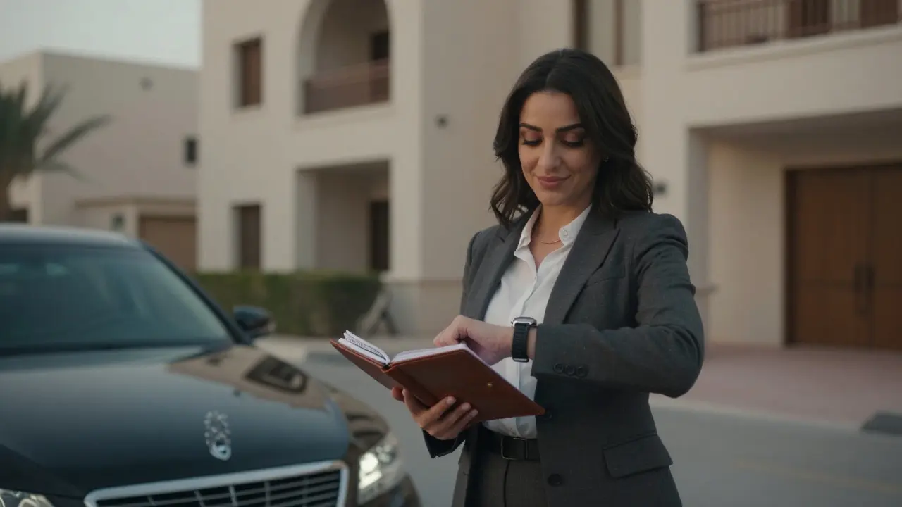 A professional companion standing outside an upscale apartment building in Abu Dhabi, holding a notebook and waiting calmly.