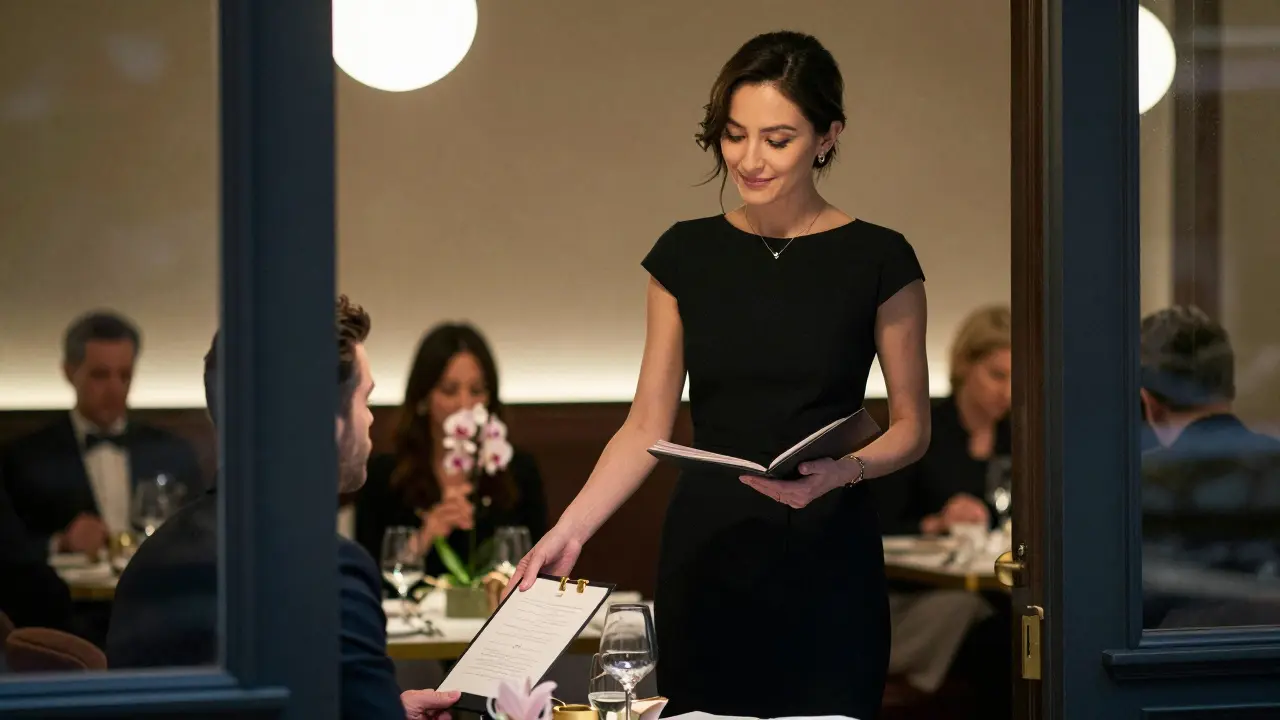 A refined woman in a black dress at a high-end Berlin restaurant, engaging thoughtfully with a guest.