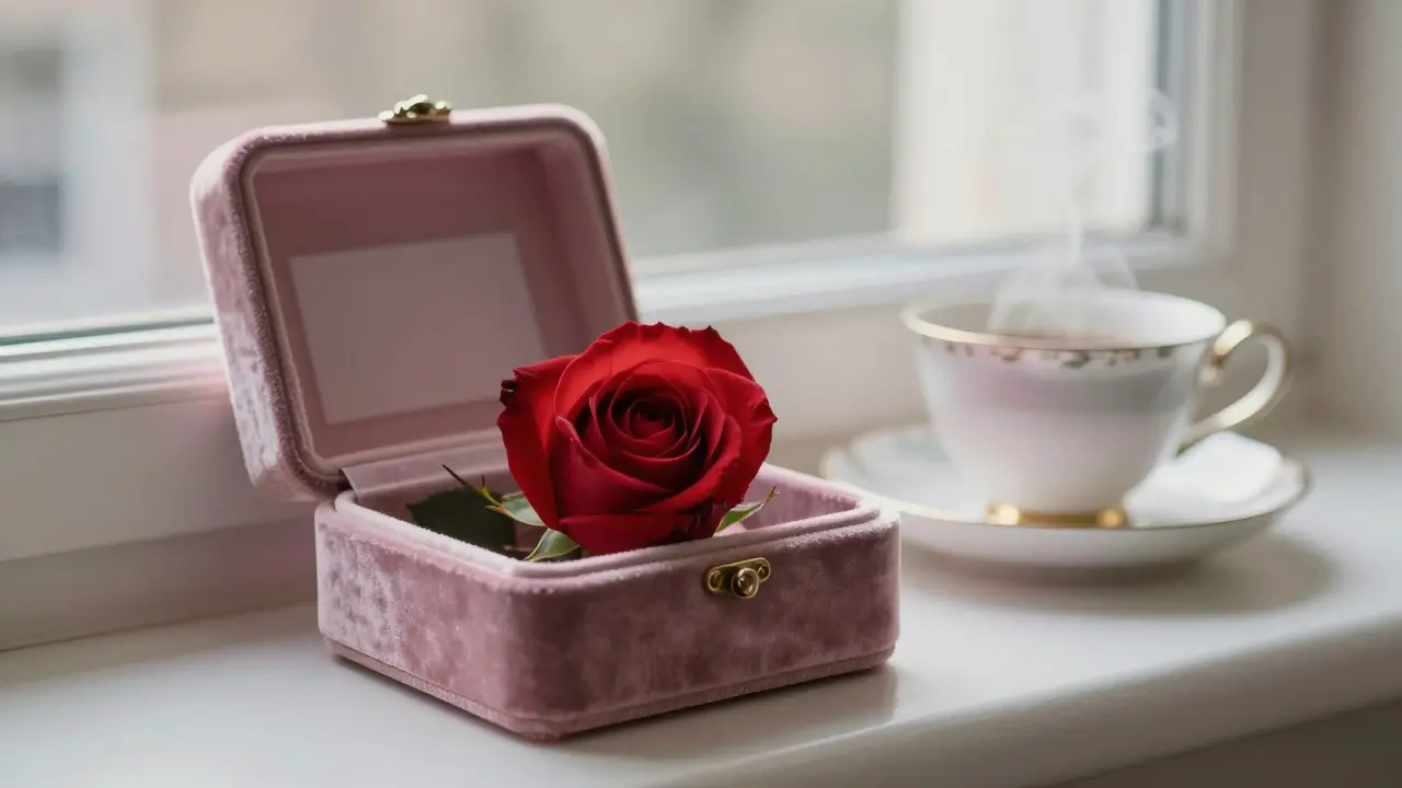A single red rose in a velvet box on a windowsill with soft morning light.
