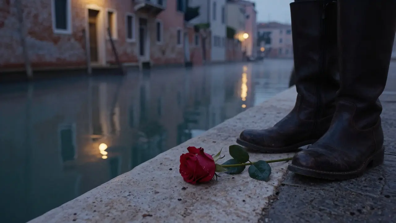 A single rose rests by the Navigli canal at dusk, symbolizing thoughtful gesture and quiet elegance in Milan’s underground culture.