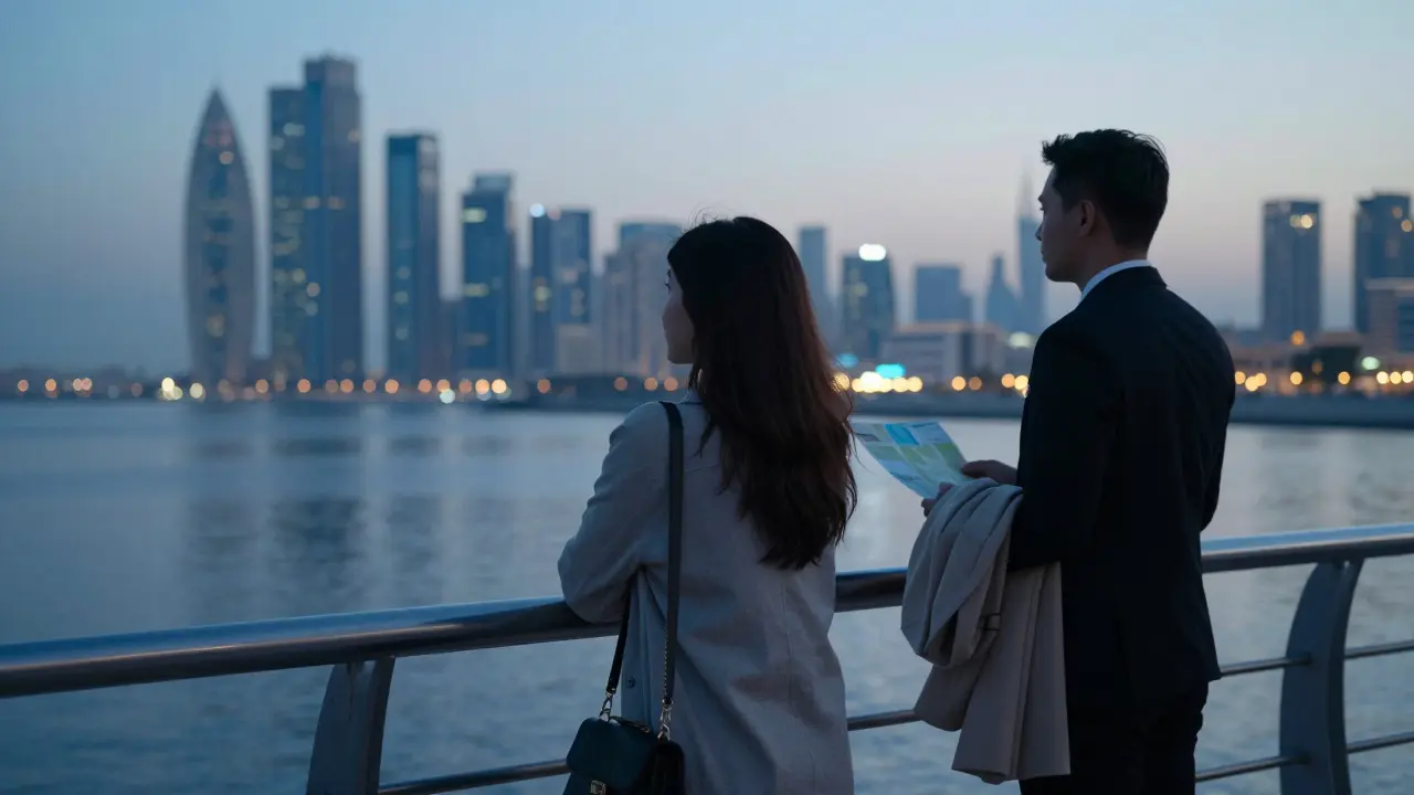 A solo traveler and a professional companion observe the Dubai skyline at dawn, sharing quiet awe without physical contact.