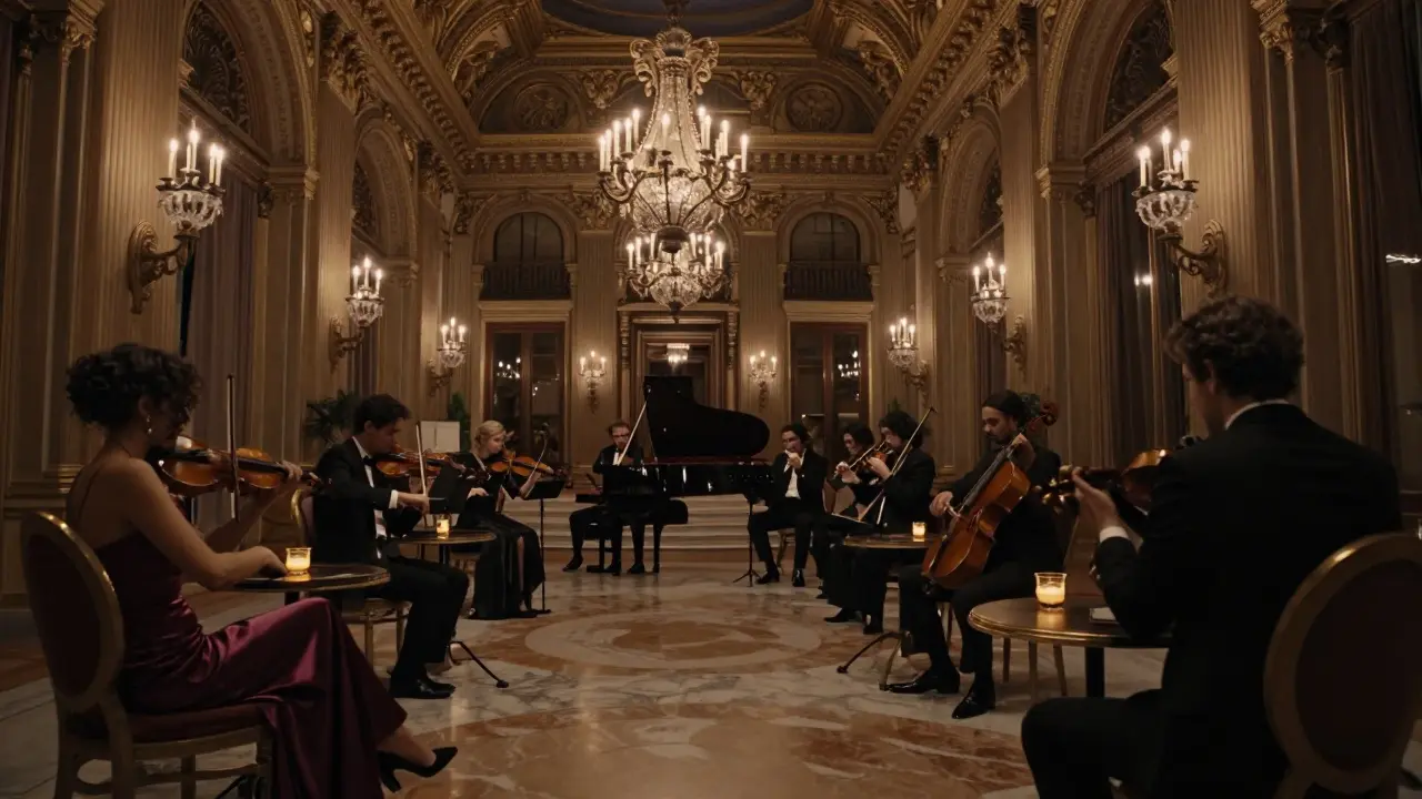 A string quartet performing in the gilded Salle Renaissance of Monaco's Casino.