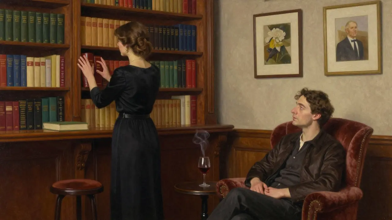 A woman and man engaged in quiet conversation in a book-lined private library-bar in Paris.