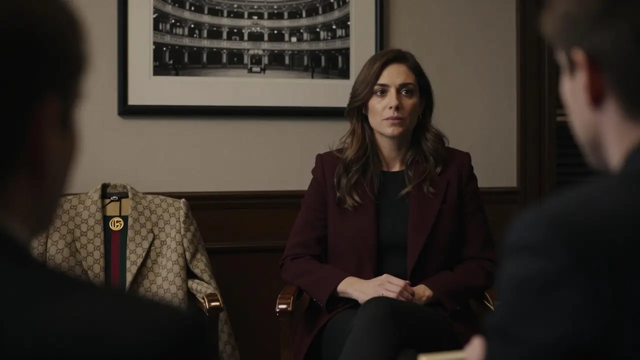 A woman listens intently in a softly lit Milan salon, cultural depth hinted by a vintage jacket and La Scala photo on the wall.