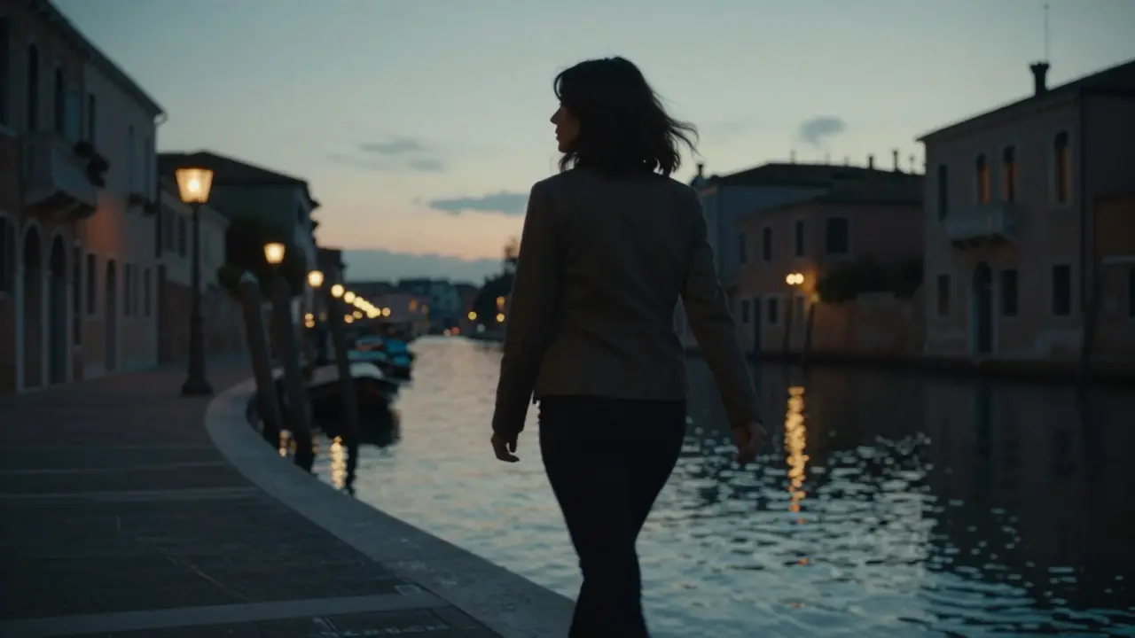 A woman walks alone through Navigli at twilight, her tailored jacket moving naturally, lanterns reflecting on water in a silent, poetic moment.