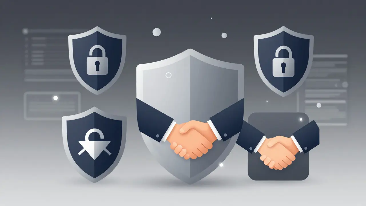 Abstract illustration of digital security and verification shields in navy and silver tones