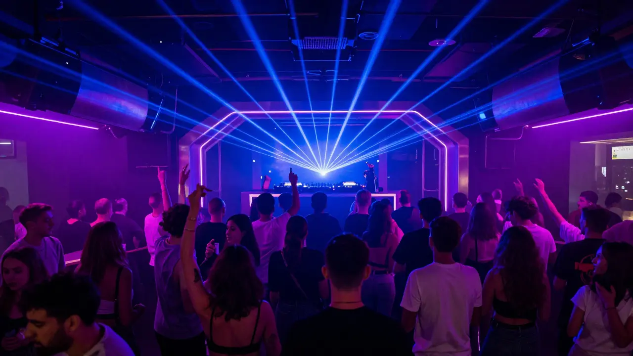 Dancers silhouetted against vibrant blue and purple club lights inside a nightclub.