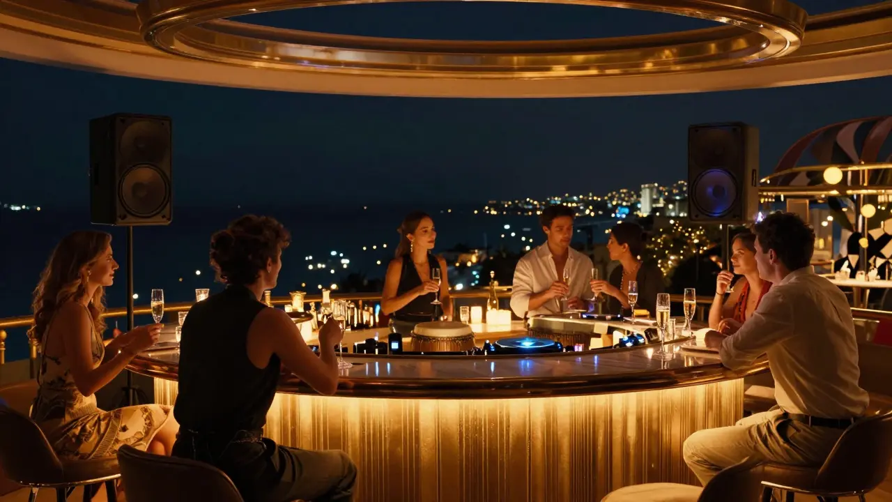Elegant guests enjoy champagne on the rooftop of Café de Paris Monte Carlo, with live music and Mediterranean views at night.