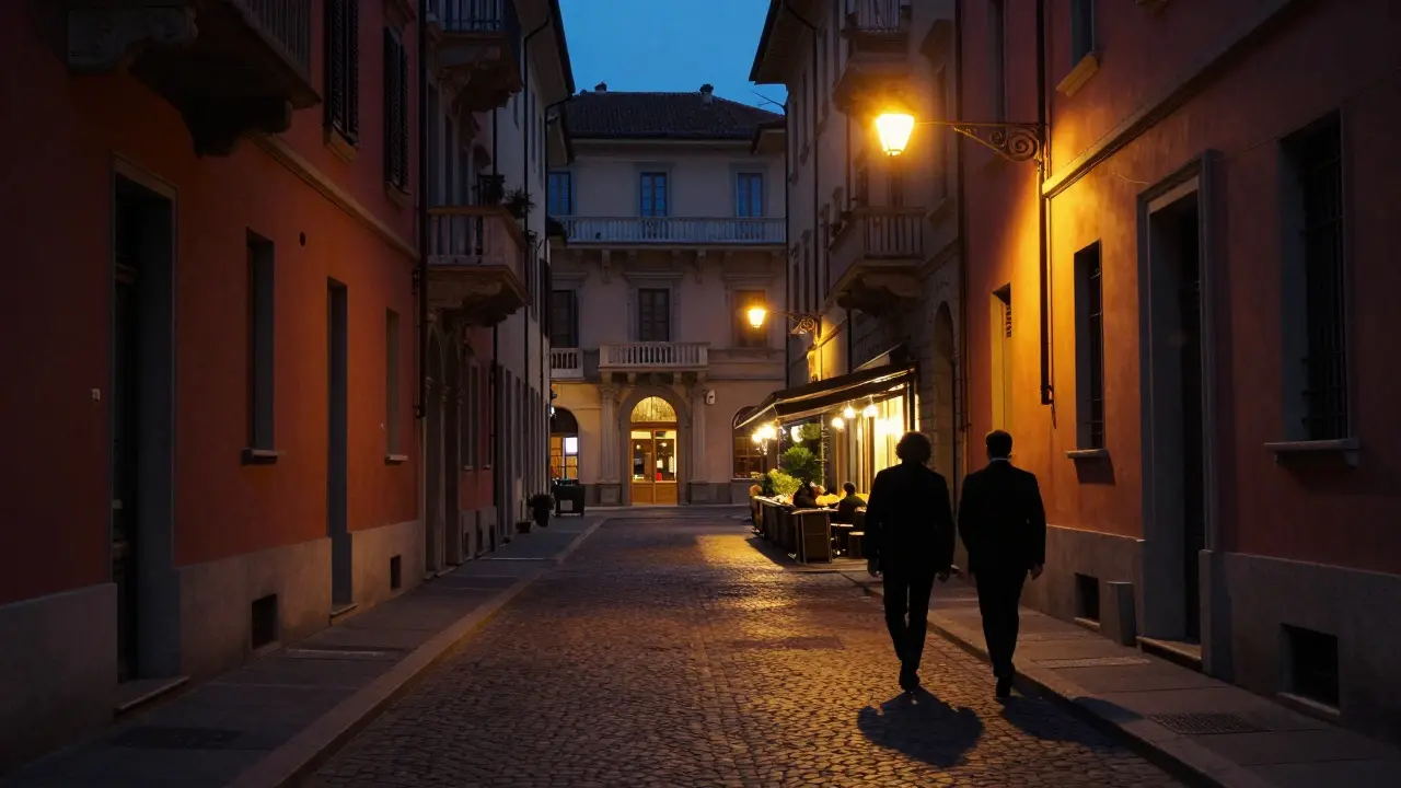 Evening street view of historic Brera district with warm lantern lighting