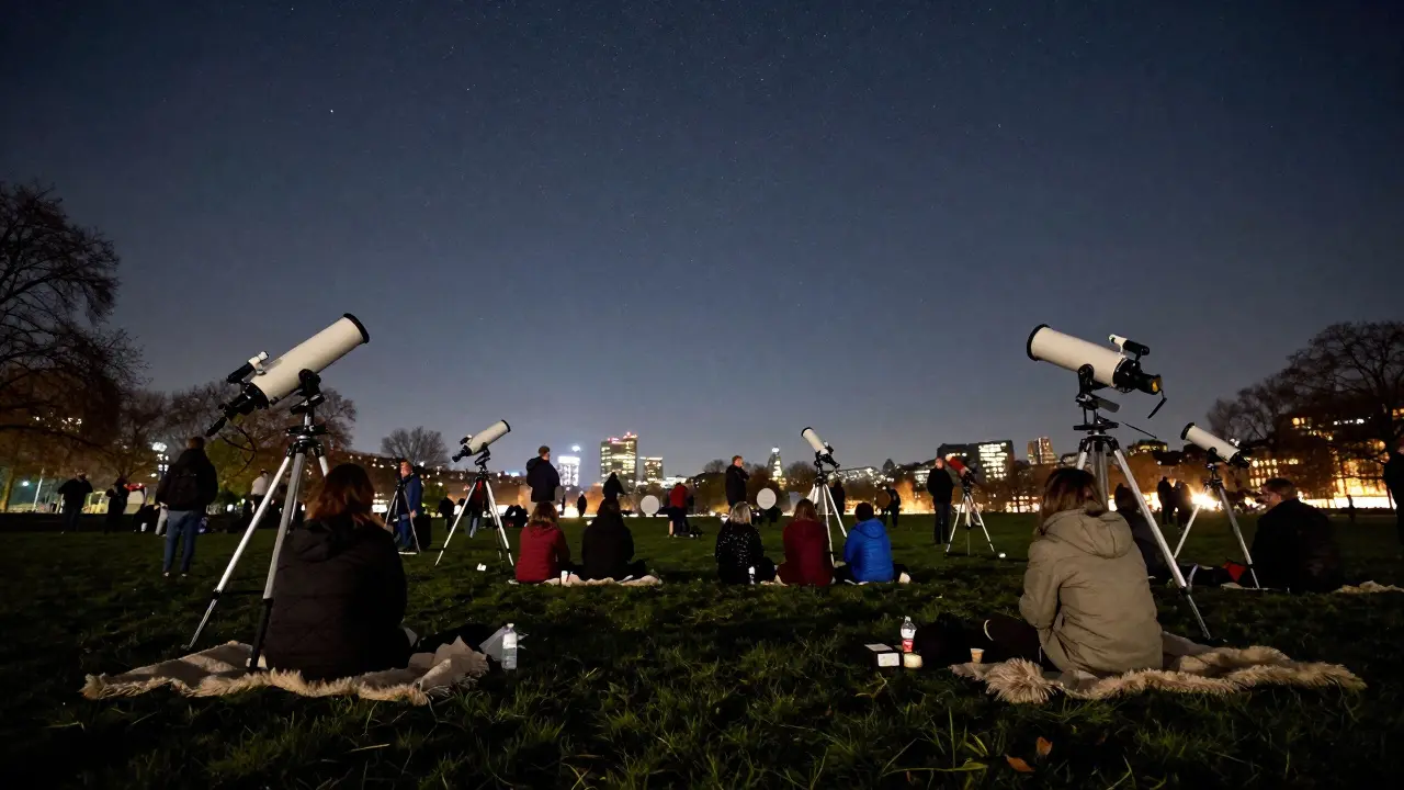 Friends stargazing with telescopes in a park