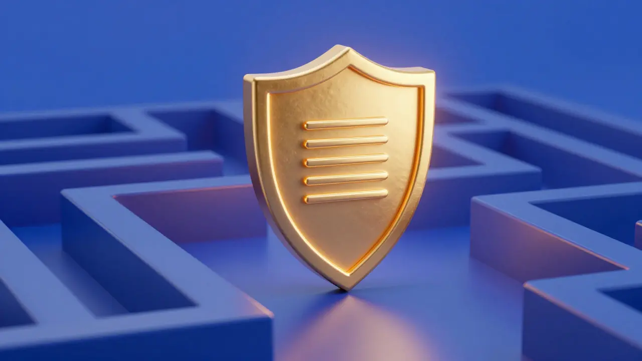 Golden shield icon over document texture representing safety protocols