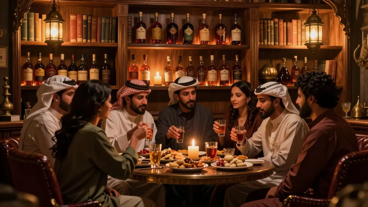 Hidden speakeasy lounge behind a bookshelf, lit by candles, with guests sharing drinks and stories in a warm, intimate setting.