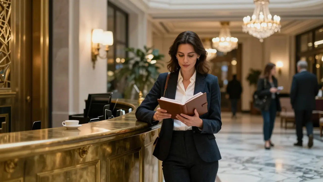 Professionally dressed woman standing in a luxury hotel lobby