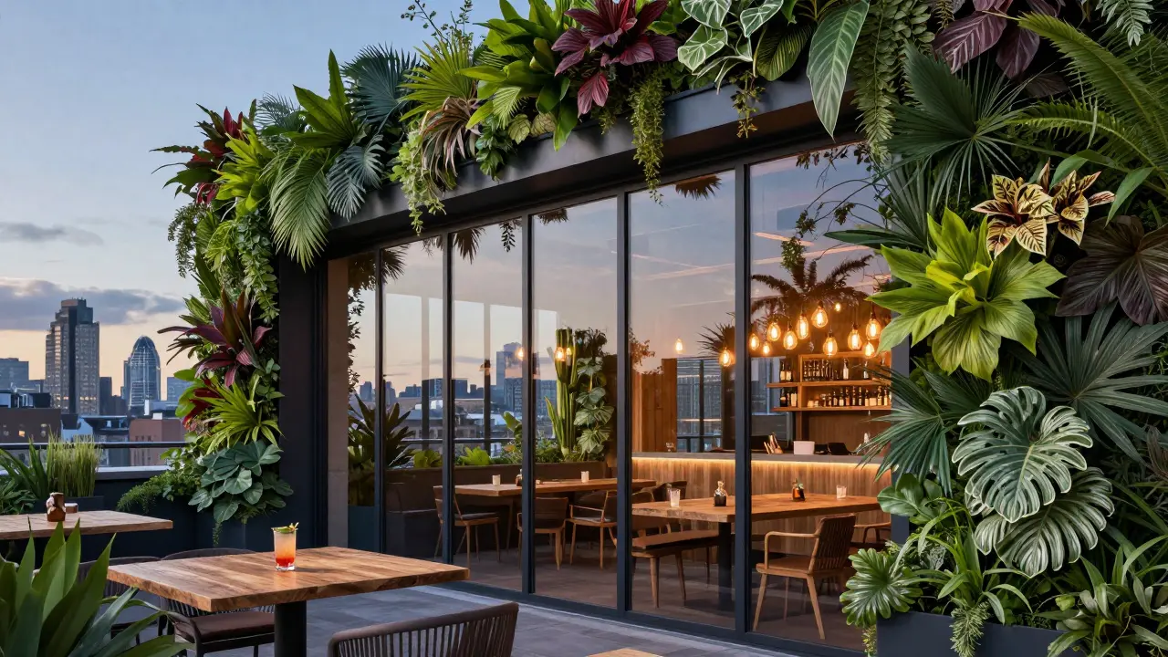 Rooftop bar with green walls and city view