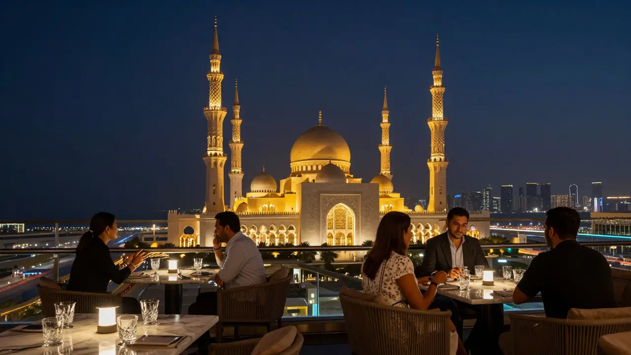 Rooftop bar with panoramic view of the Sheikh Zayed Grand Mosque glowing at night, patrons sipping cocktails in quiet elegance.