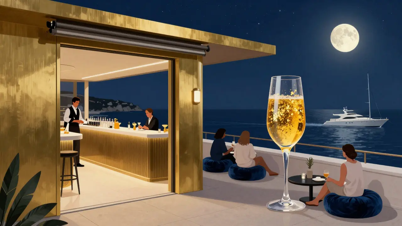 Rooftop lounge with panoramic sea views, guests enjoying golden cocktails as yachts glide below under starlight.