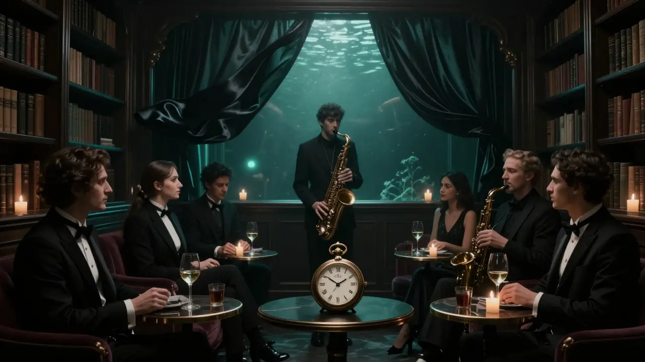 Secret underground jazz lounge with guests in black tie, no phones, only candlelight and a saxophonist playing.