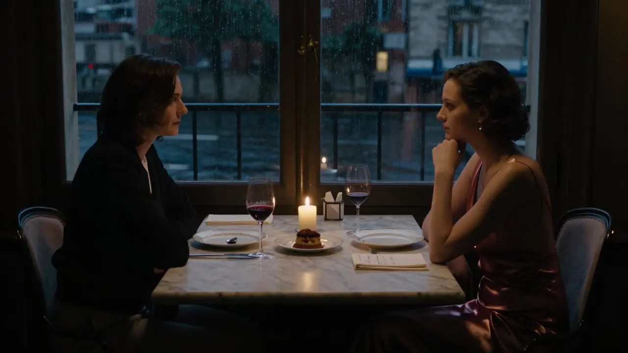 Silhouettes of two people dining in a candlelit private room overlooking rainy Parisian streets.