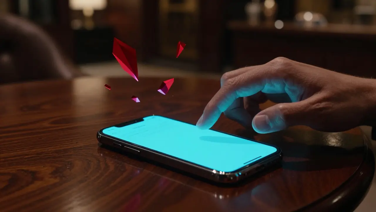 Smartphone on table with glowing screen surrounded by abstract risk symbols