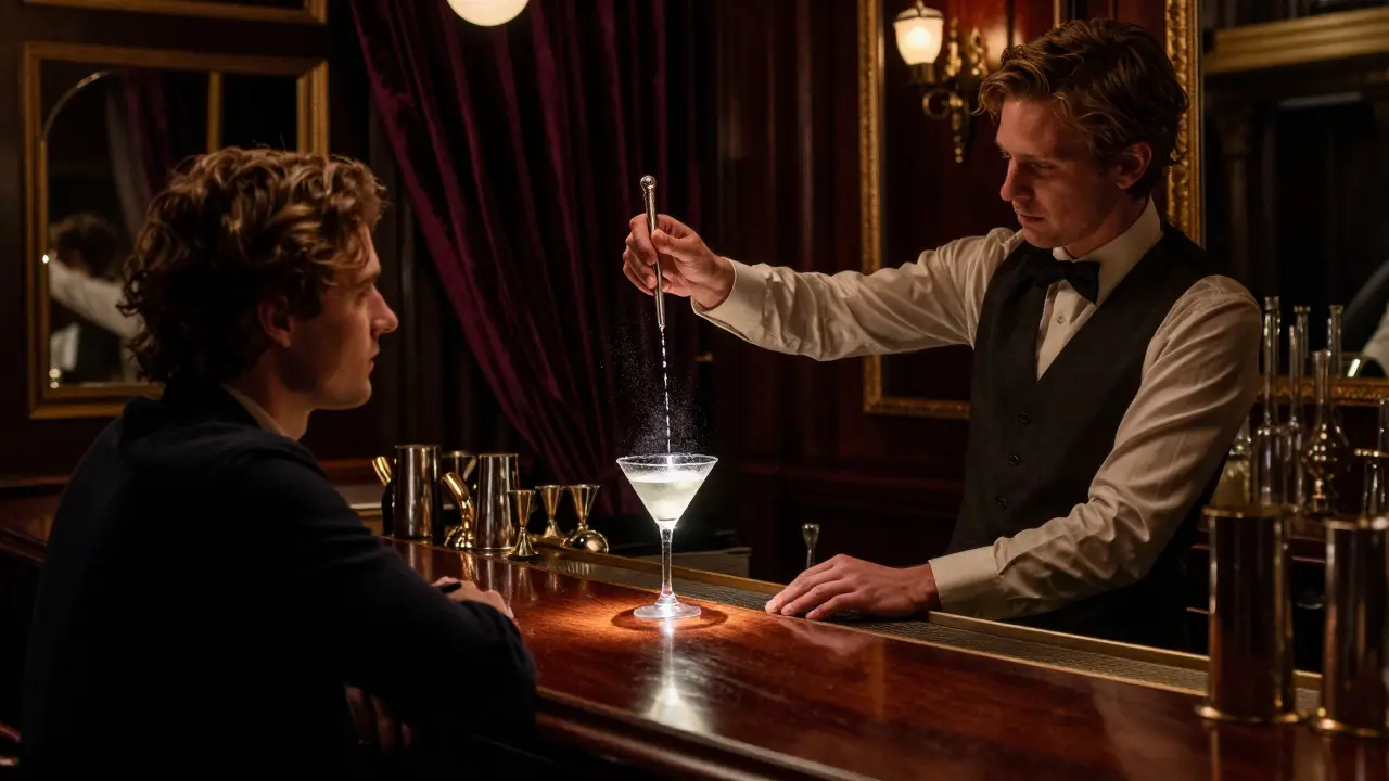 The elegant Dukes Bar in Mayfair at night, a martini being stirred in silence.