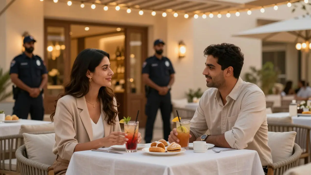 Two people conversing politely at a high-end Dubai lounge with warm lighting