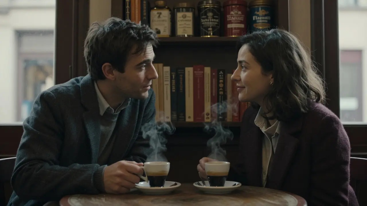 Two people share a quiet moment over espresso in a historic Milanese café, their expressions conveying deep, unspoken connection.