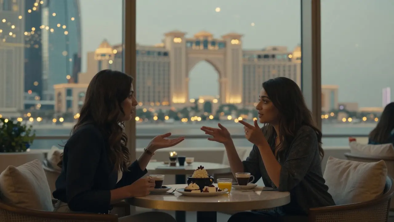Two people sharing dessert and Arabic coffee on a luxury rooftop lounge with the city skyline in the background.