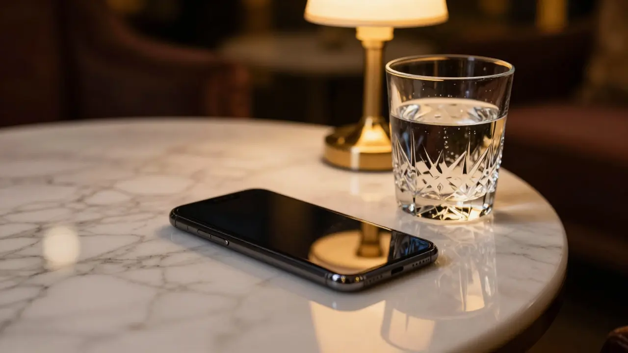 A smartphone on a marble table in a dim, luxury hotel lounge