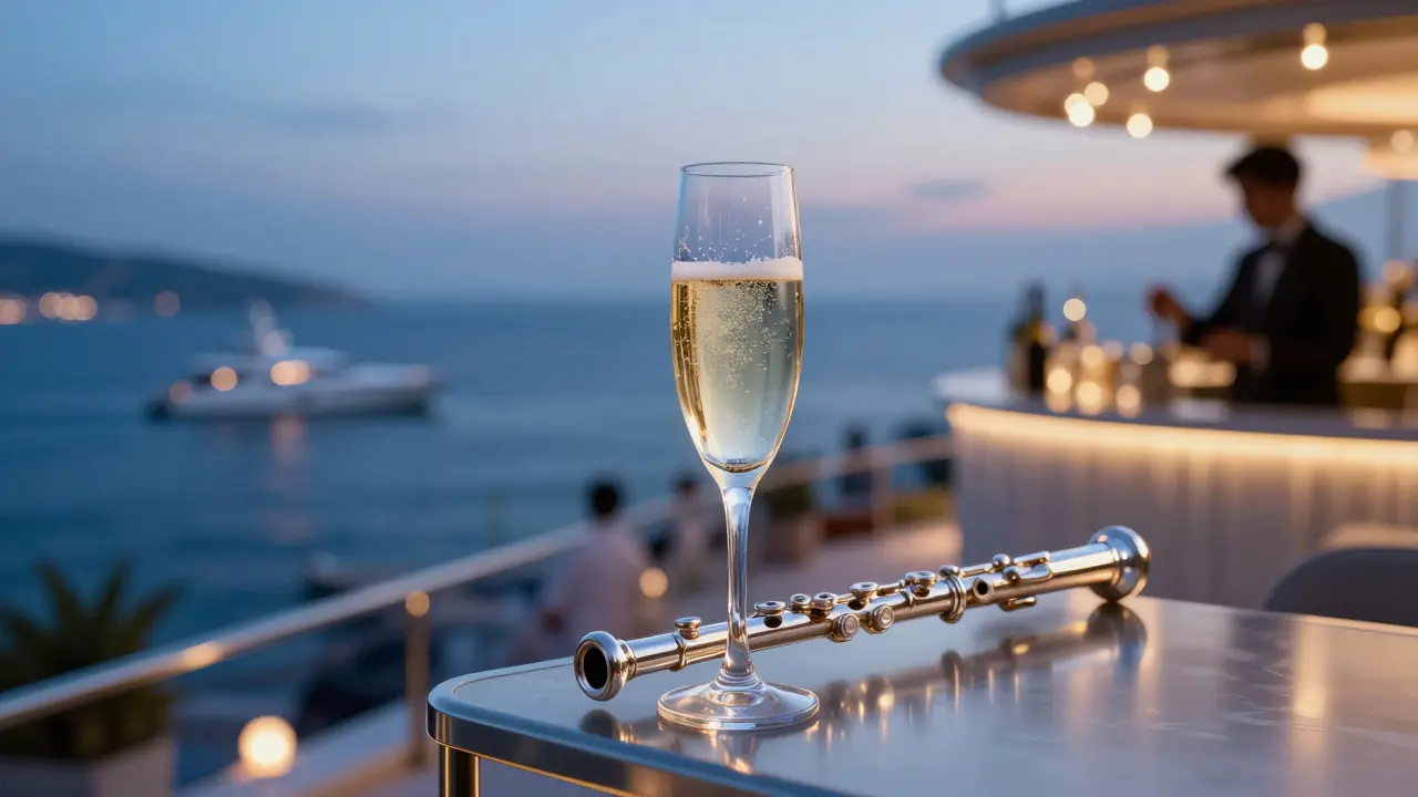 Champagne glass on rooftop bar overlooking yachts at dusk