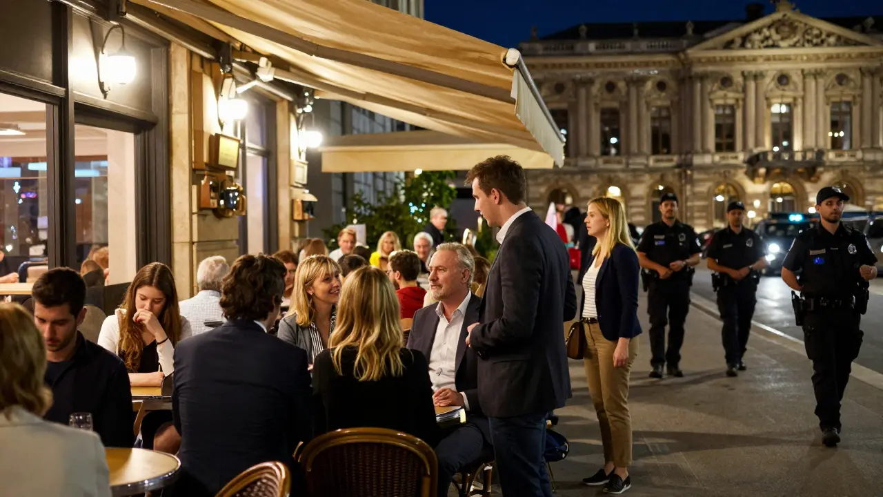 Crowds gathering at Place du Casino square in evening