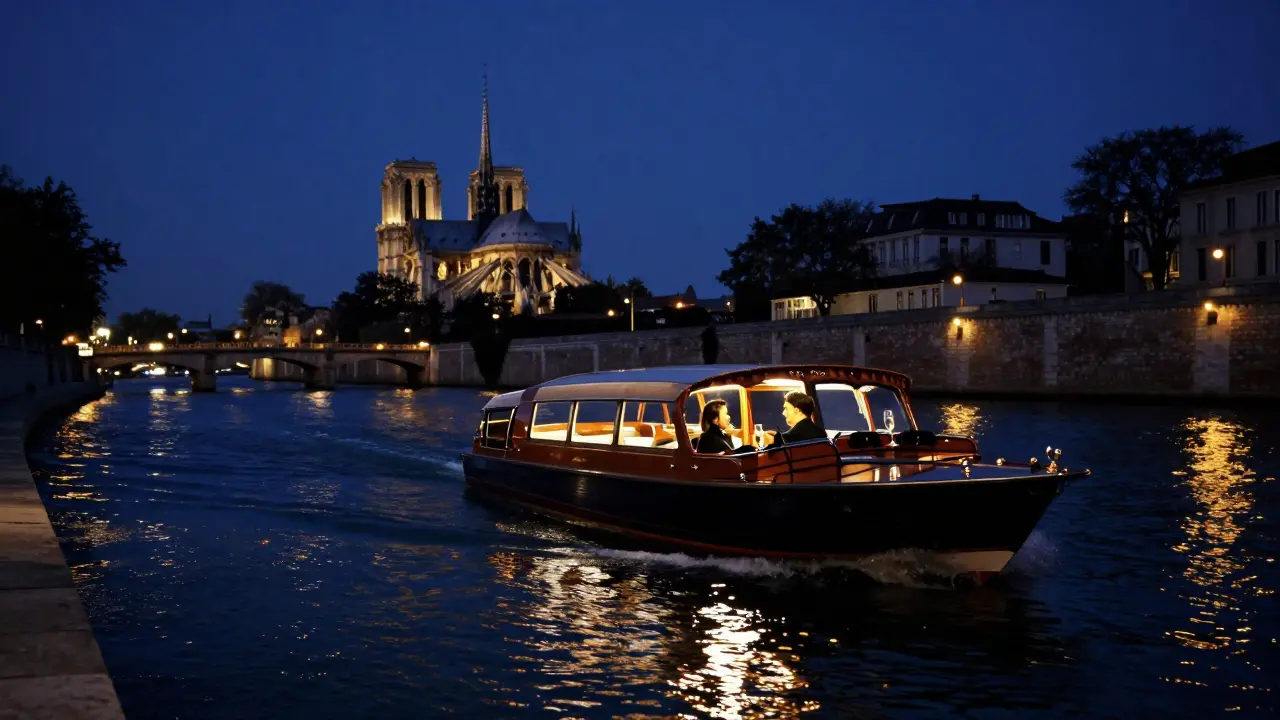 Private luxury boat on the Seine River at twilight with city lights