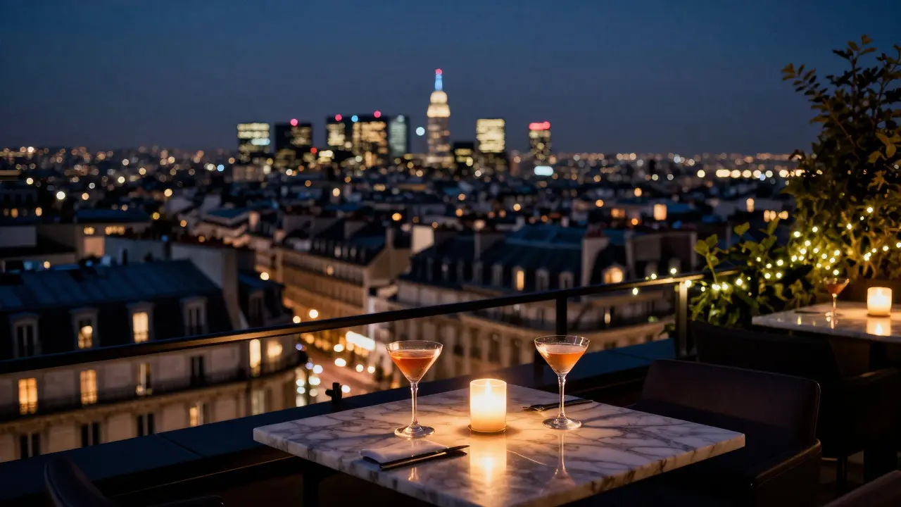 Romantic candlelit table on a luxury Paris rooftop overlooking the city